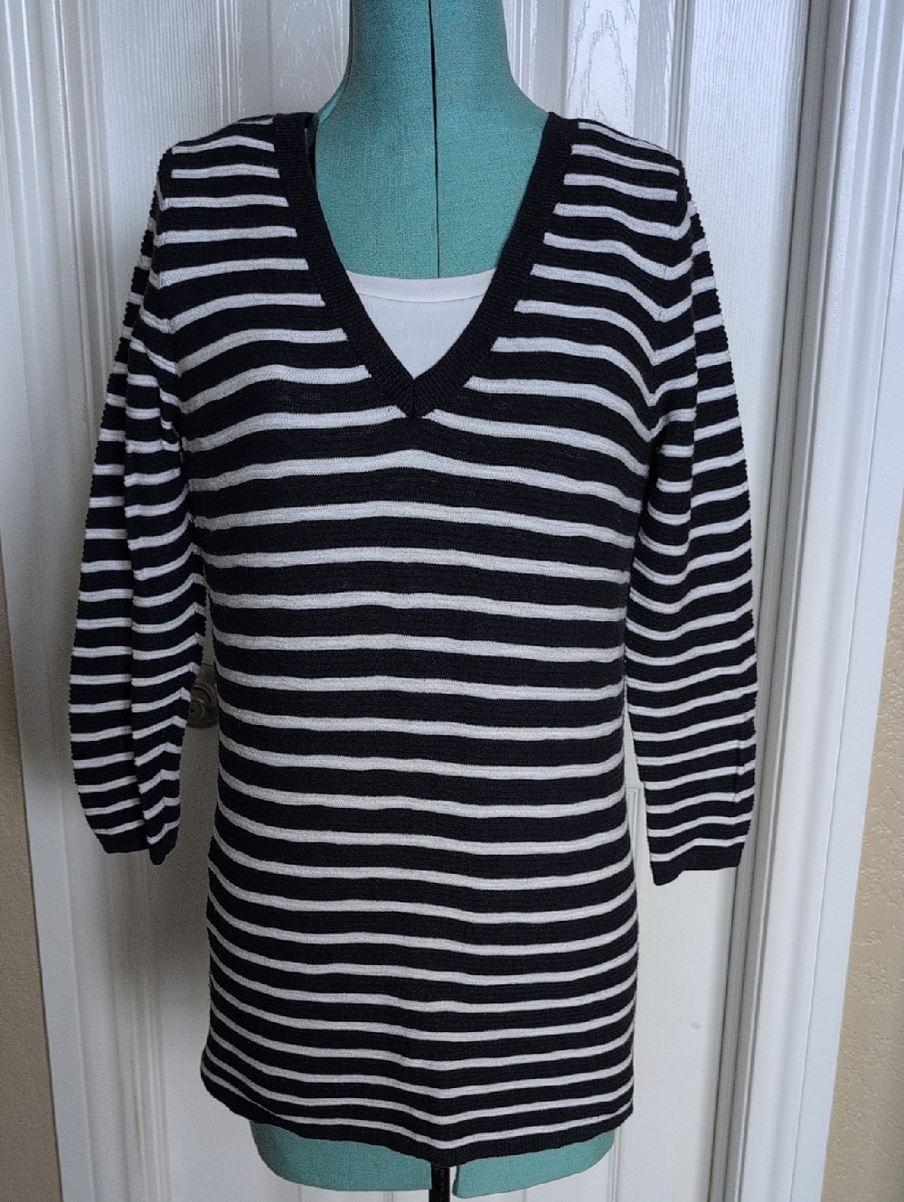 Navy & White Striped V-Neck Women's Sweater